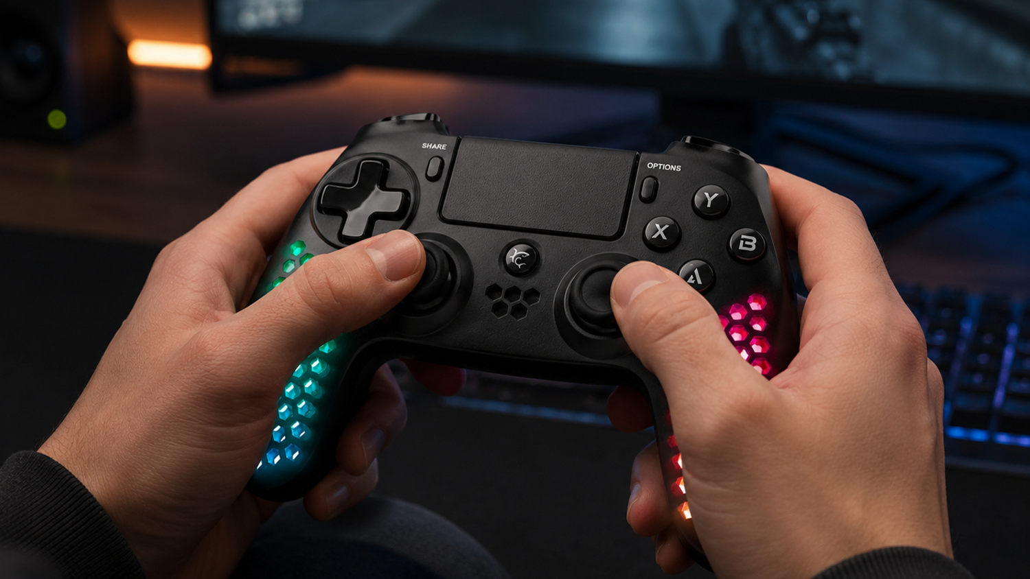 Hráč drží bezdrôtový gamepad White Shark LEGATUS GPW-4009 v ruke